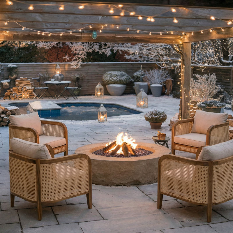 Cleothis Patio PE Rattan Lounge Chair With Acacia Wood Frame, Teak