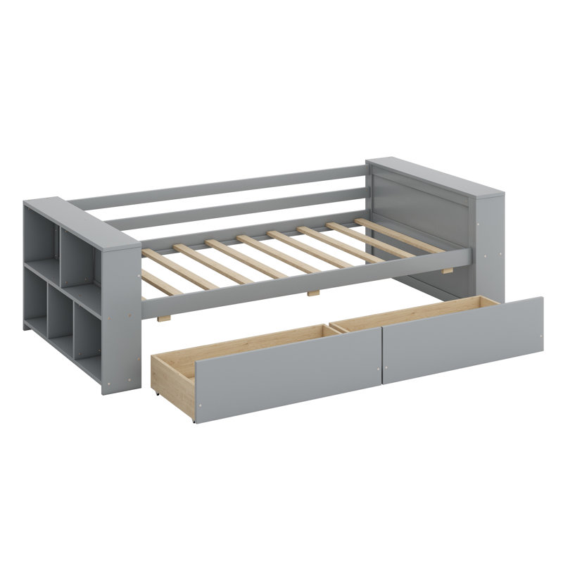 Lit de jour avec tablettes et tiroirs, Gris