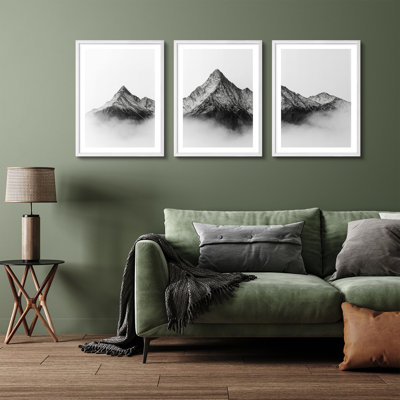 «Black and White Snowy Mountain Landscape», ensemble de 3 reproductions d'art mural encadrées - sommets alpins minimalistes pour salon, chambre à coucher, bureau, entrée