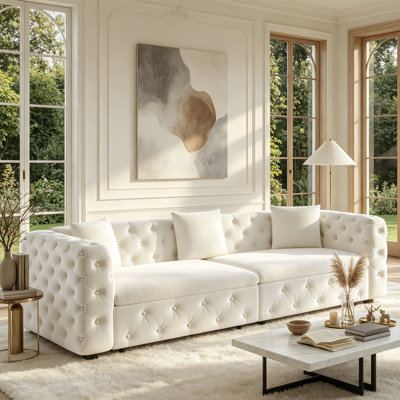 89" Sofa Bed, 3-in-1 Pull Out Sleeper Sofa, 4-Seater Convertible Sofa Bed, Velvet Chesterfield Tufted Couch with 3 Throw Pillows,Beige