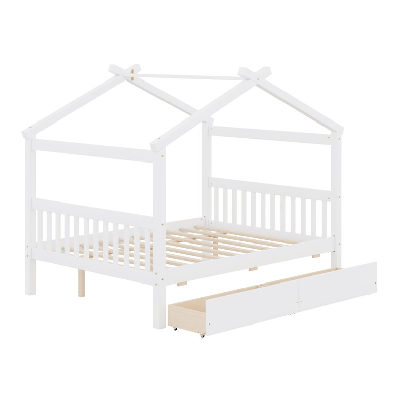 Wooden House Bed With Drawers, Full, White