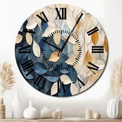 Beige And Blue Minimalism Leaves Collage - Leaves Black Face Wall Clock