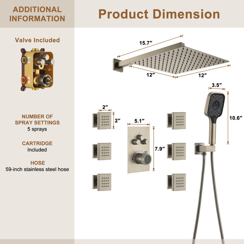 Système de douche thermostatique mural à 3 fonctions 12 pouces avec 6 jets corporels Revitalize, Nickel brossé