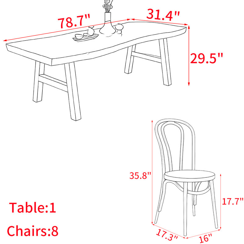 Ensemble de table de salle à manger en bois massif de style japonais, H 29,5 po x L 78,7 po x l 31,4 po