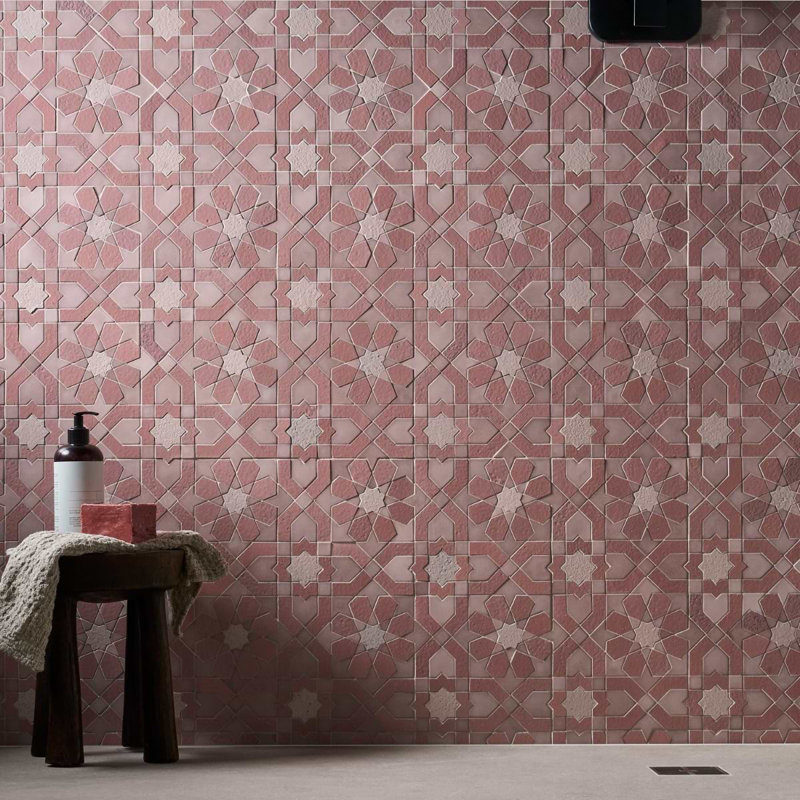 Cantico Fes Mixed Finish Lava Stone And Cement Mosaic Tile, Terracotta Rosa