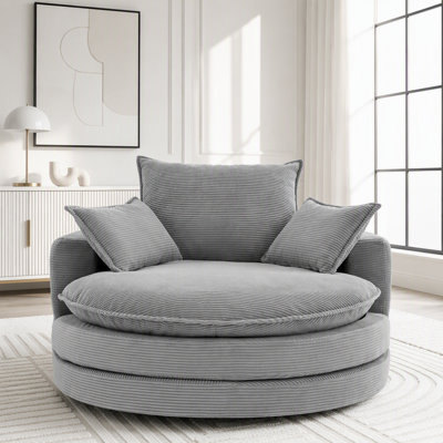 Fauteuil demi-tonneau surdimensionné pivotant à 360 ° avec coussin double couche, tissu en velours côtelé et 3 coussins
