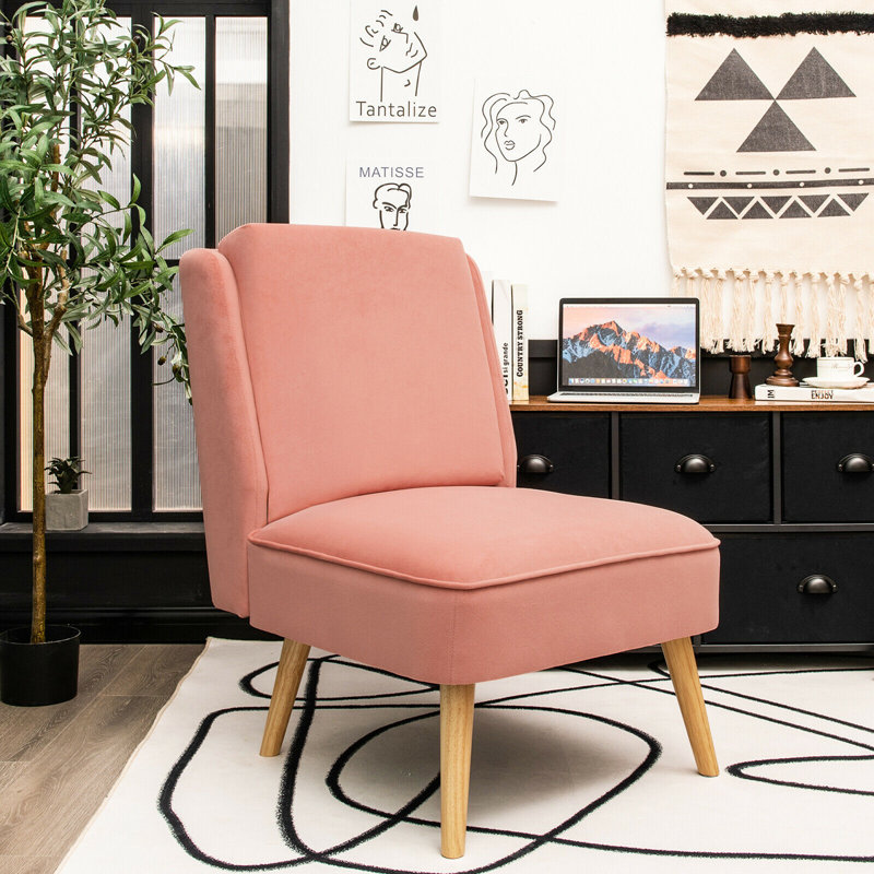 Pink Velvet Armless Accent Chair with Wood Legs