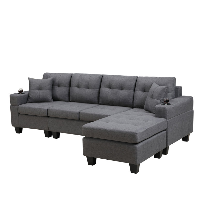 95.6" L-shaped Upholstered Sectional Sofa With 2 Cup Holders and 2 Throw Pillows, Gray