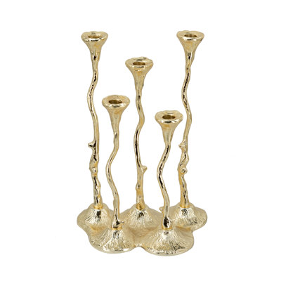 10X6.7X14" 5-Light Cast Aluminum Taper Candle Holder With Gold Botanical Design