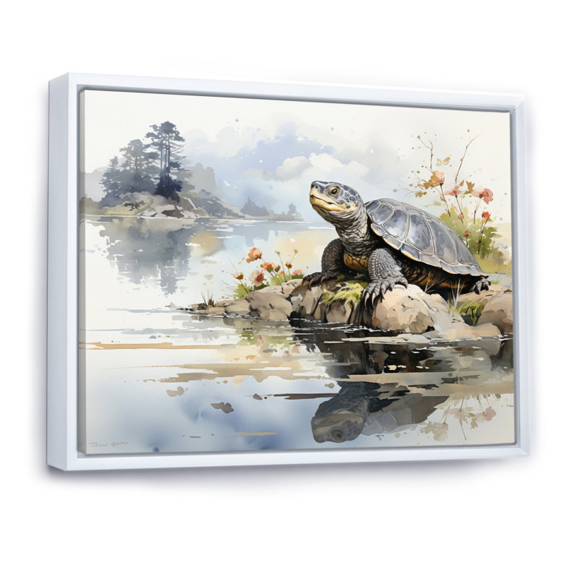 Art asiatique, tortue Sumi I - impression, H 30 po x l 40 po x P 1,5 po, Cadre flottant blanc