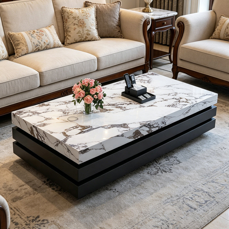 Table basse rectangulaire en ardoise, 14.17" H x 55.11" L x 27.55" W, Blanc/Noir