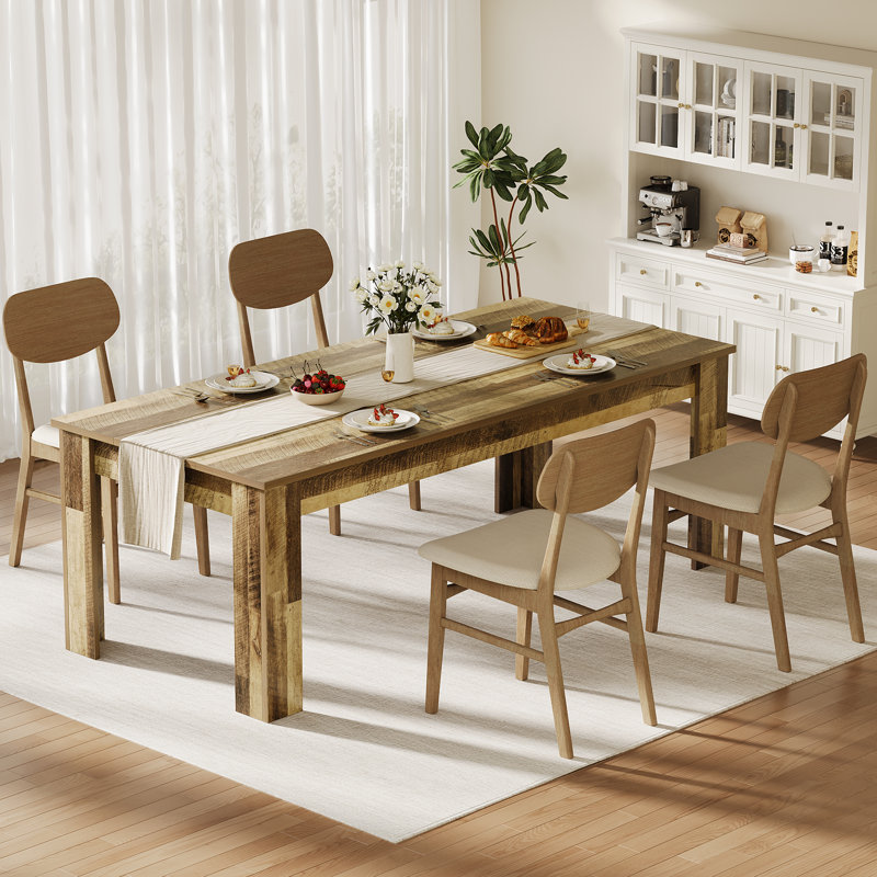Table de salle à manger pour 4-6, table de cuisine en bois de 63 pouces avec 4 pieds triangulaires, table de salle à manger rectangulaire avec support supplémentaire robuste, table de salle à manger, appartement (table seulement)
