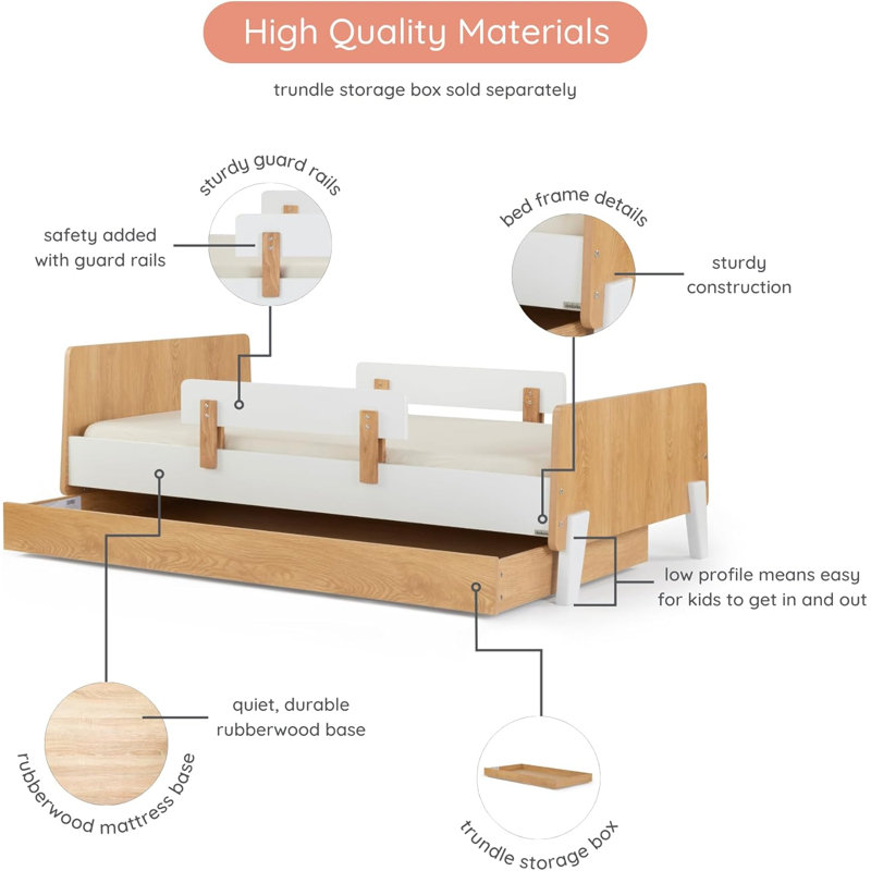 dadada Fun Bed - Twin Bed Frame for Kids & Toddlers - White/Red Oak, White/Red Oak