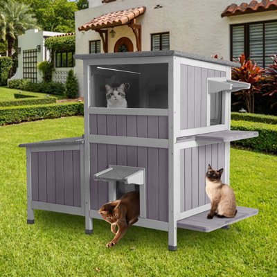 Outdoor Cat House, Wooden Two-storey Feral Cat Shelter Outside, Weatherproof Kitty Home with 3 Escape Doors, Window & Removable Floors, Cat Condo Indoor