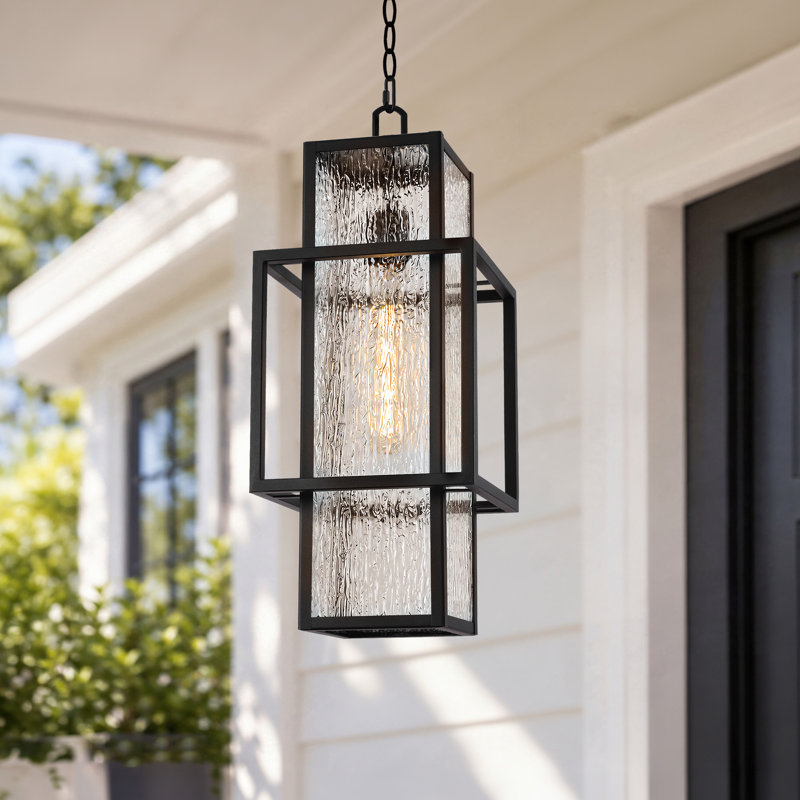 Luminaire suspendu d'extérieur 1 lumière H 19,3 po avec abat-jour en verre nervuré