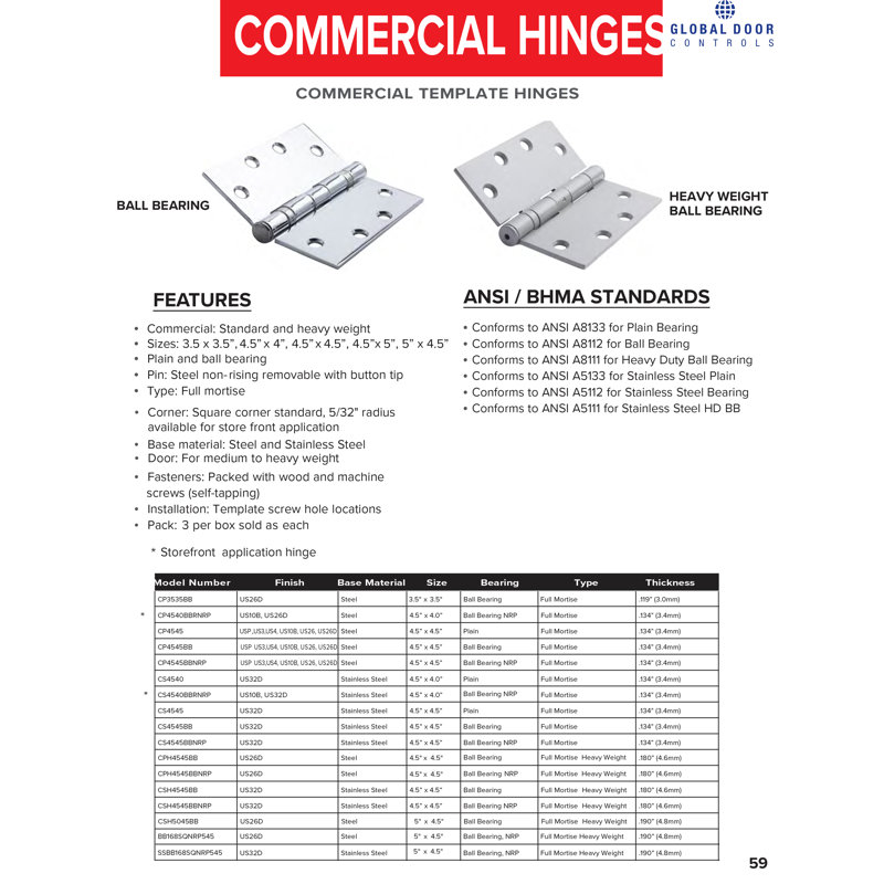 4.5 in. Chrome Steel Ball Bearing Door Hinges with Non-Removable Pin - Set of 3