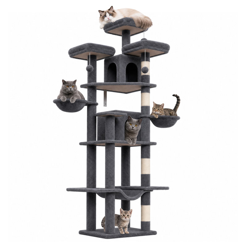 Arbre à chat 80 po pour chat adulte 80 po avec poteau à griffes, hamac, 3 perchoirs, 2 condos, 2 paniers suspendus, Dark Gray