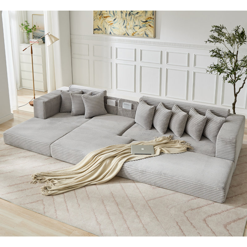 Boneless Oversize Cloud Couch, L-Shape Sofa, Convertible Floor Sleeper Sofa Bed, No Assembly ,Eight Pillows,3-In-1,Side Pocket,Corduroy