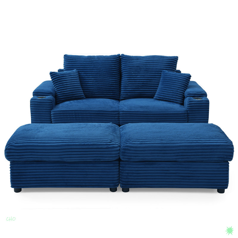 Causeuse avec repose-pieds, canapé modulaire en tissu Corduroy, Bleu