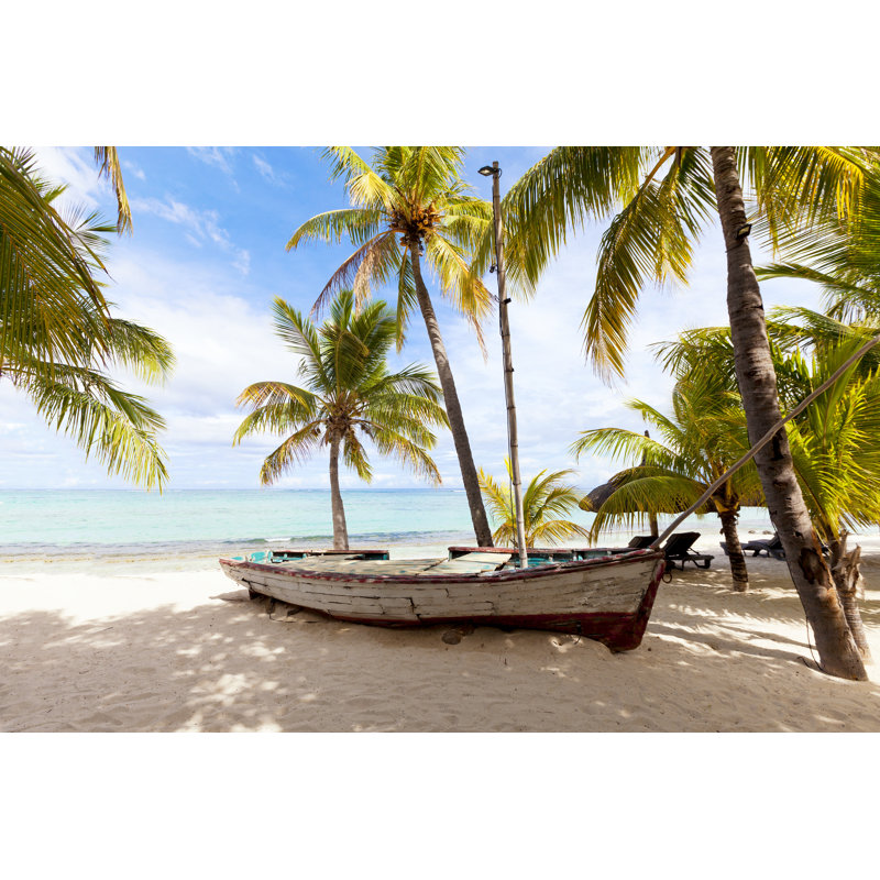 Old Wooden Fishing Boat On A Tropical Paradise Island With Coconut Palm Trees In The Background - Wrapped Canvas Print