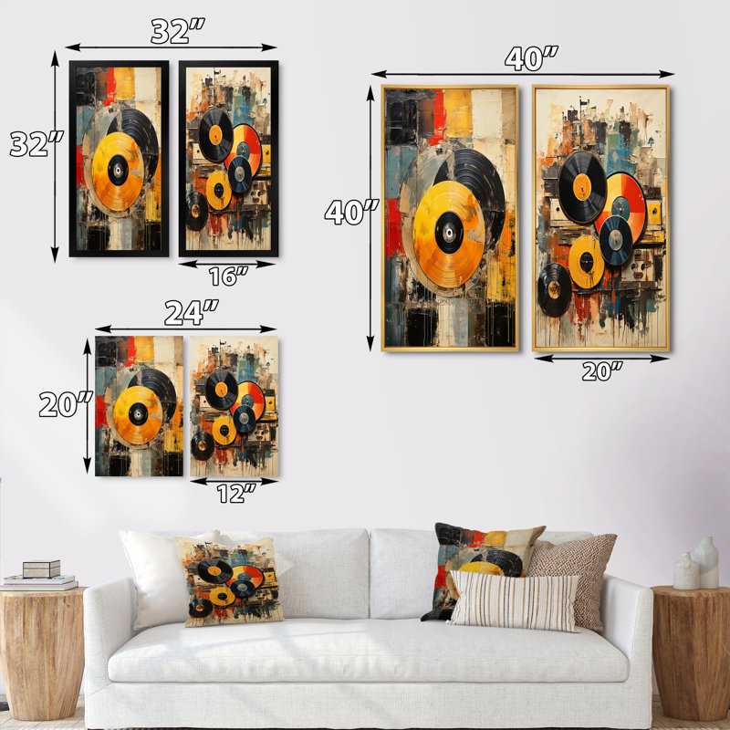 «Colorful Retro Vinyle», 2 pièces, H 32 po x l 32 po, Encadrement doré