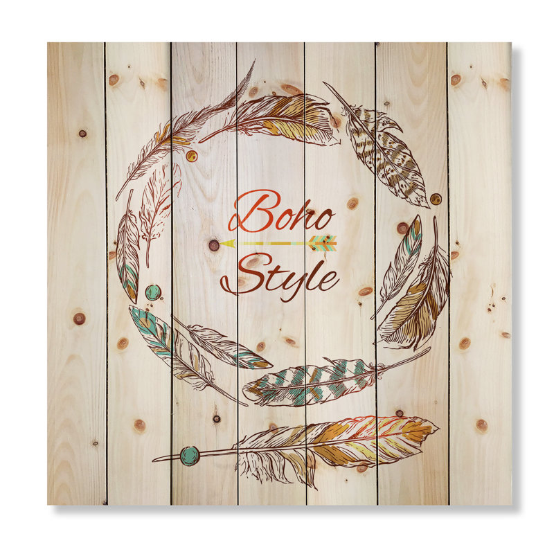 Plume bohème ethnique - Bohème et éclectique sur bois de pin naturel, H 30 po x l 30 po x P 0,78 po