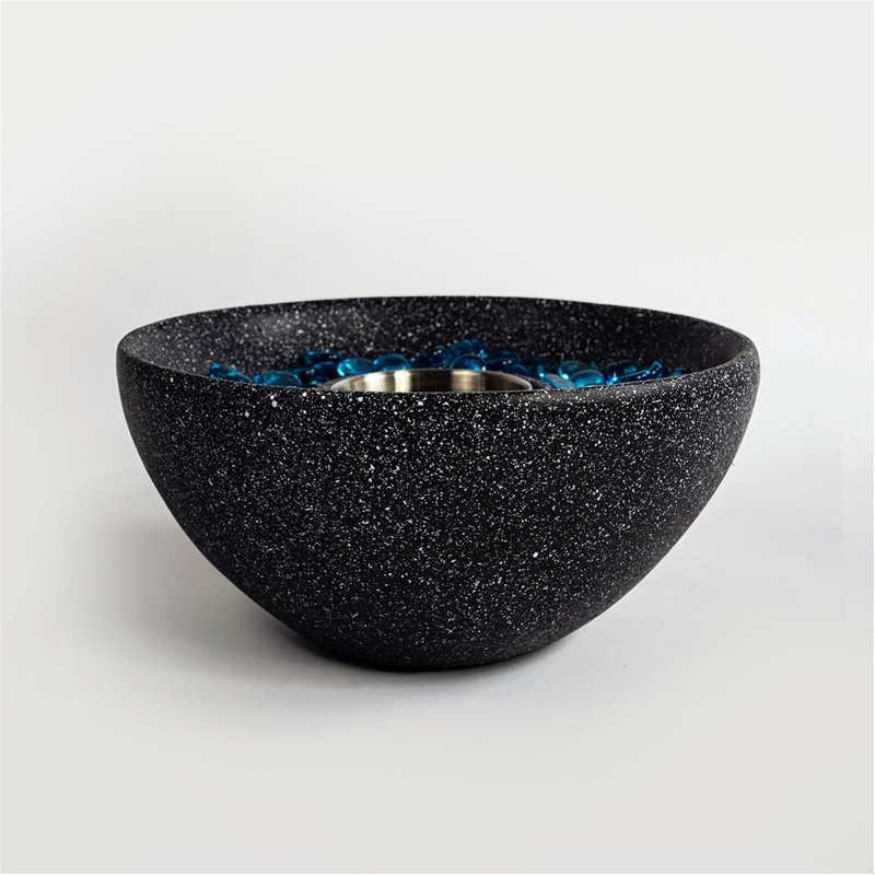 Black Concrete Tabletop Fire Pit with Blue Glass Beads