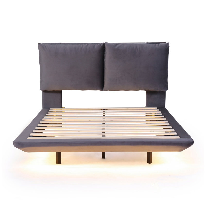Upholstered Platform Bed with Sensor Light and 2 Large Backrests, Stylish Platform Bed with 2 sets of USB Port and Socket on each rear Bed Leg