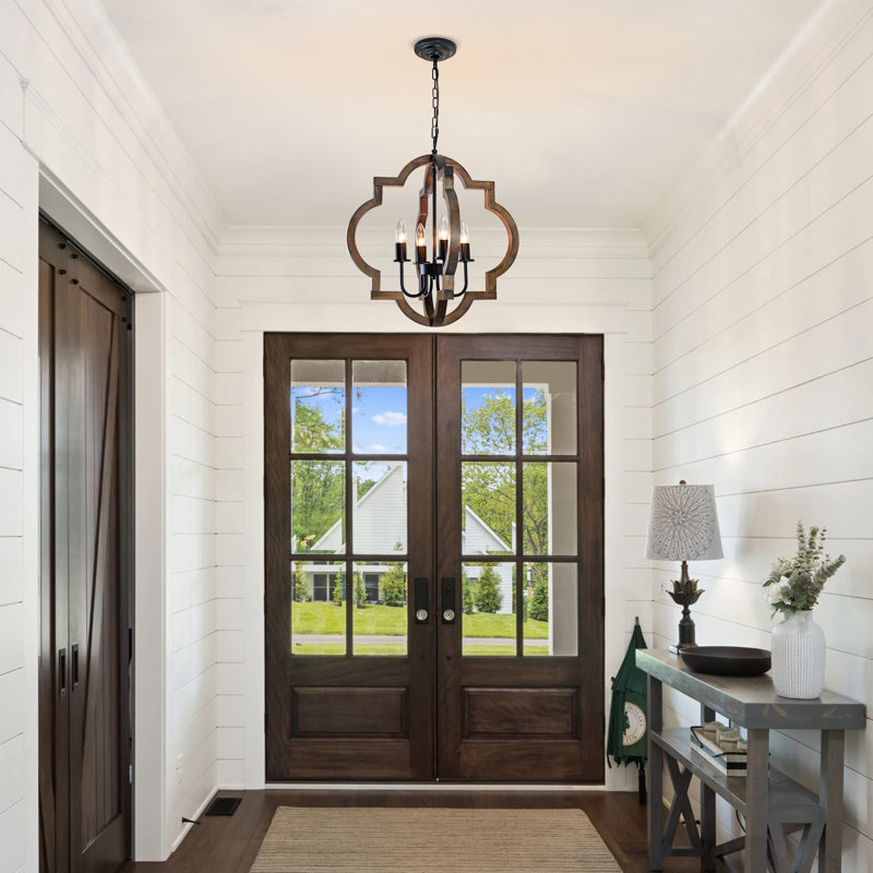 Rustic 19.49” 4 -Light Orb Wood Chandelier for Kitchen Island Foyer Living Room Over Dining Table, Light Brown/Black