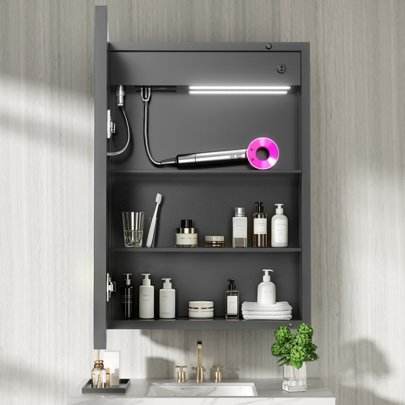 20 in. W x 28 in. H Rectangular Iron Medicine Cabinet with Mirror, Dimmable Flowing Lights, Defogger, Outlet & USB, Left, 20"
