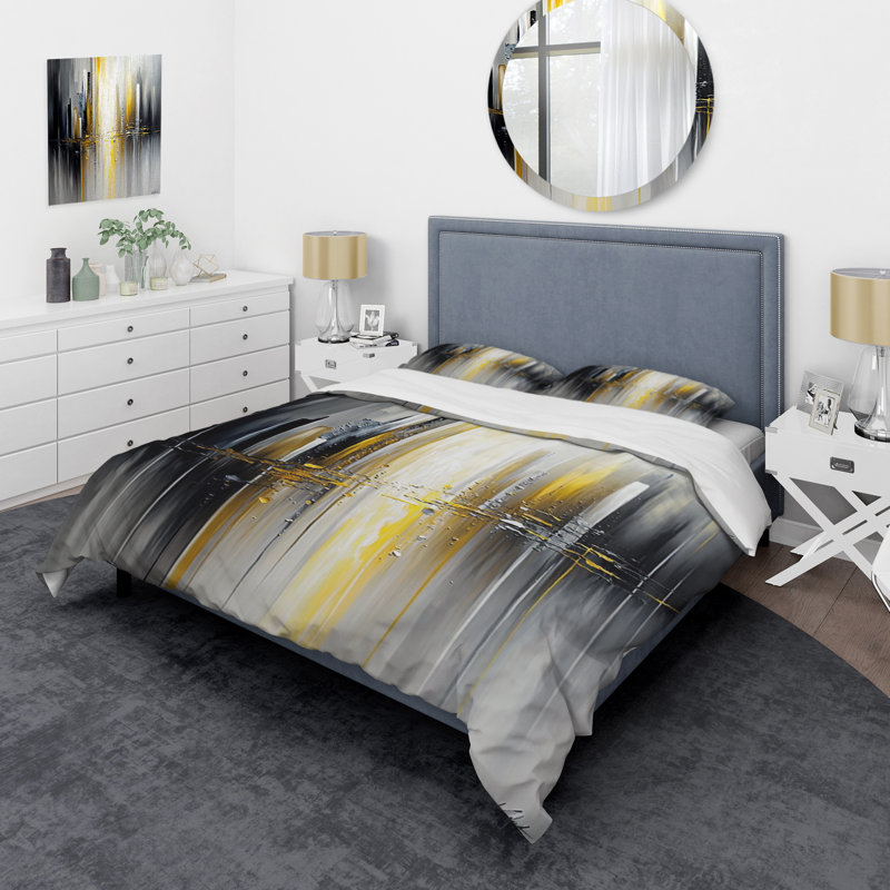 Ensemble de housse de couette en microfibre / polyester à motif géométrique abstrait noir et jaune II