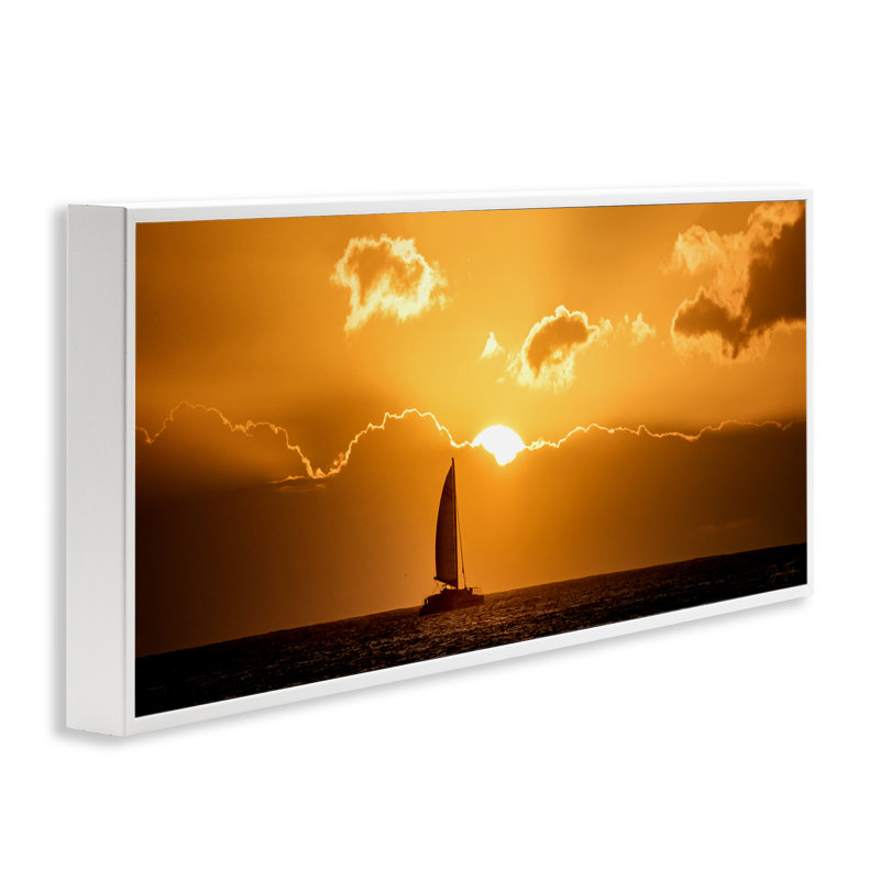 Voilier au coucher du soleil, Estampe numérique encadrée blanc bord de mer, H 10 po x l 24 po