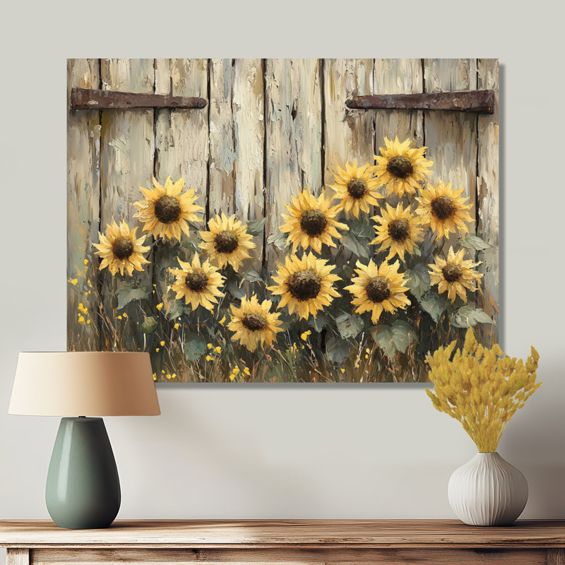 Donals Sunflowers By The Barn Door I - Art mural tournesols, Ne pas appliquer, H 12 po x l 20 po, Toile tendue