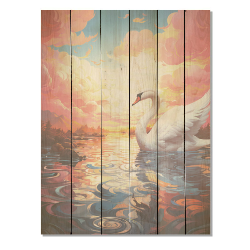 Graceful Mirage Swans I - cygnes, art sur bois de pin naturel, H 32 po x l 24 po