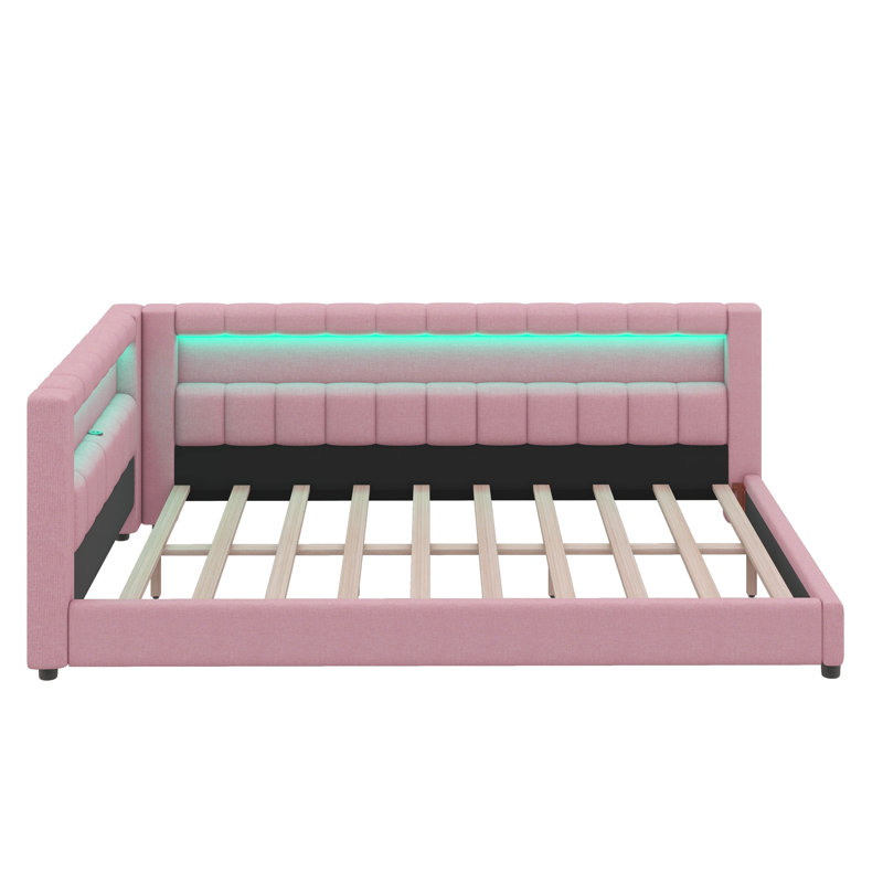 Full XL Size Upholstered Daybed With Integrated Storage, L-Shaped Layout With LED Strip And USB Connectors, Linen Fabric Bed Frame