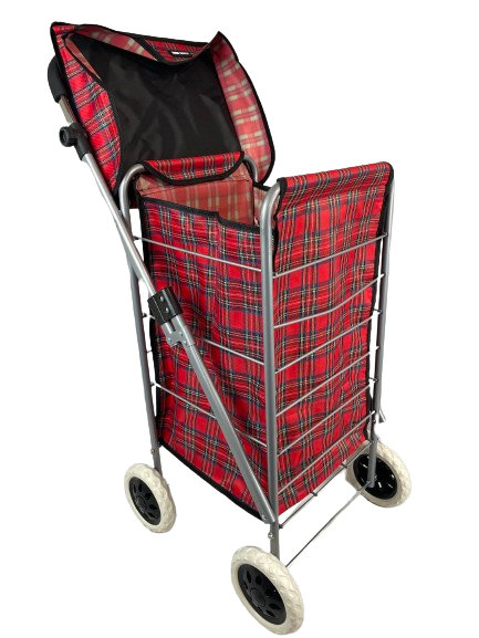 4 WHEEL SHOPPING TROLLEY - RED TARTAN, Red 