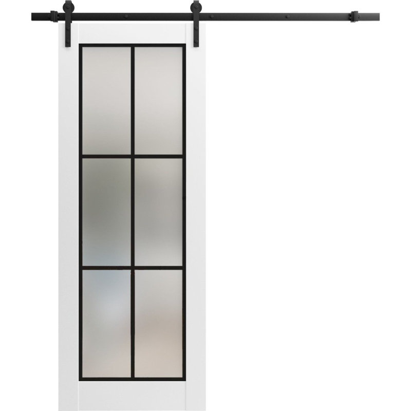 Porte de grange robuste en verre trempé dépoli Planum 2122 Blanc Soie 2 m (6,6 pi) avec rails noirs et quincaillerie renforcée. Porte intérieure moderne à panneaux pleins - 76 cm x 203 cm (30 po x 80 po) - Verre dépoli - Rail noir