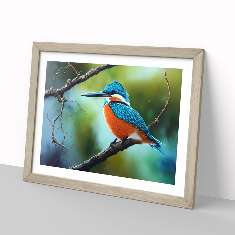 An Effervescent Kingfisher Bird - Framed Print, Oak, 46cm H x 64cm W x 2cm D