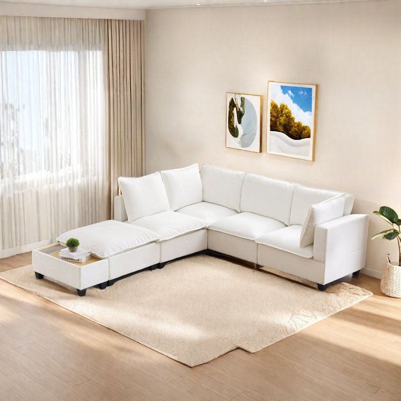 U-shaped Sectional Sofa Couch With A Movable Ottoman And A Coffee Table With Hidden Charging Devices, White Chenille