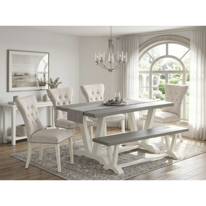 L'ensemble de table de salle à manger 6 pièces contient une table de salle à manger en ciment, un banc en bois et 4 chaises rembourrées en tissu de lin avec dossier capitonné - Lin brossé blanc