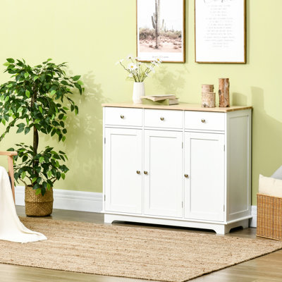 Buffet de cuisine avec comptoir en bois massif, 3 tiroirs, portes et tablette réglable pour un décor moderne, plateau de rangement blanc - portes