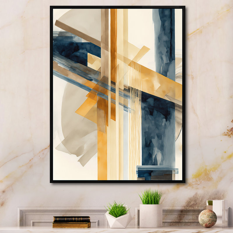 «Modern Modern Blue and Gold Abstract III», impression sur toile, H 40 po x l 30 po x P 1,5 po, Cadre flottant noir