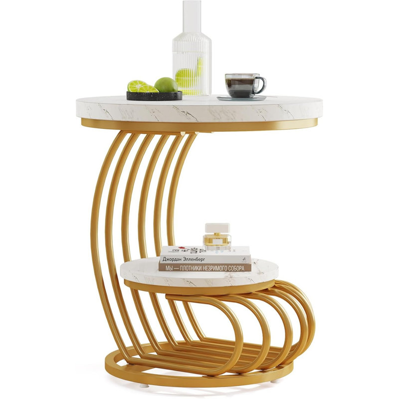 Gold and White Faux Marble Round End Table with Storage Shelf