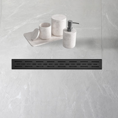 Matte Black Stainless Steel Rectangle Shower Floor Drain,24-Inch Linear Drain With Levelling Feet,Hair Strainer,Removable Bar Pattern Grate