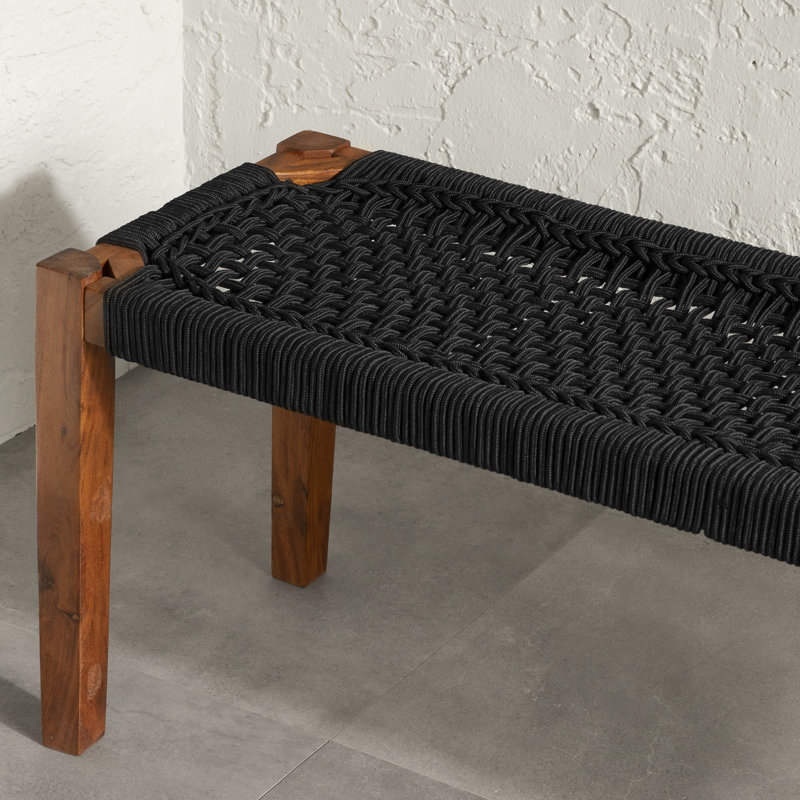 Black and Natural Acacia Wood and Rope Bench
