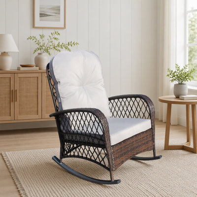 Outdoor Wicker Rocking Chair with Wide Seat and Thick Soft Cushion, Steel Frame, Grey Cushion