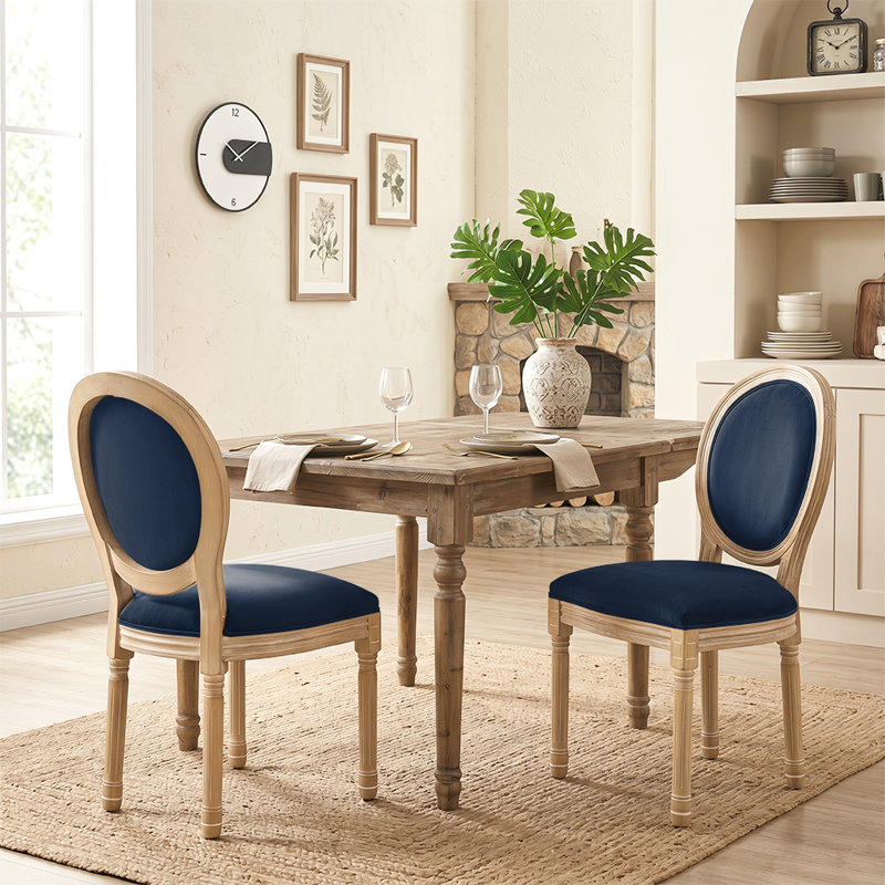 Amando 20" H Mid-Century King Louis Back Solid Wood Dining Side chairs, Navy, Velvet, Navy Velvet
