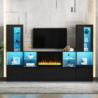 Meuble télé moderne avec foyer électrique non chauffant de 34,2 po ON-TREND, centre de divertissement ultrabrillant avec lumières DEL, console multimédia avec tablettes en verre trempé pour téléviseur de 75 po ou moins, noir