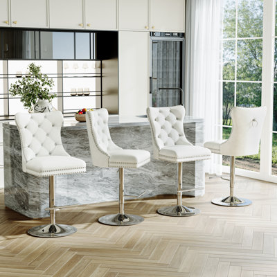 Velvet Swivel Bar Stools, Tufted Counter Height Chairs With Nailhead Trim And Back Pull Ring, Adjustable Upholstered Bar Stools