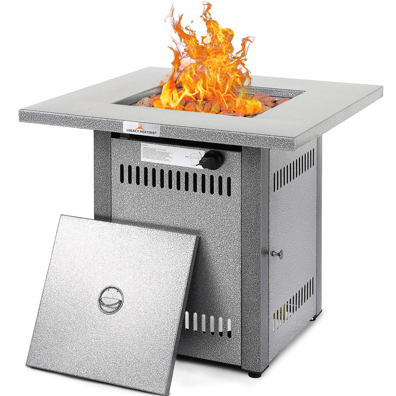 28" Outdoor Fireplace Dinning Table, 50000 Propane Gas With Lava Rock In Silver For Courtyard Fire Pit Table And Lid, Balcony Patio